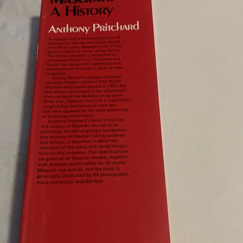 Maserati: a History, Anthony Pritchard. 1976 1st Edition. Illustrated Good Con - Image 2 of 4