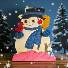 Wooden Christmas Holiday Snowman Hand Crafted Sign 15.5" Tall Wall Hanging