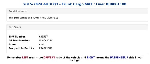 2015-2024 AUDI Q3 - Trunk Cargo MAT / Liner 8U0061180 - Picture 3 of 4