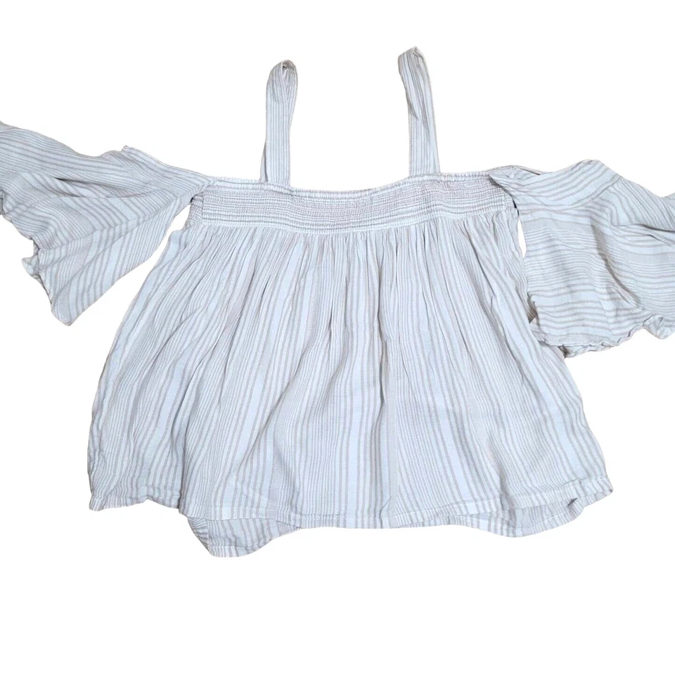 Jessica Simpson Maternity Top M Beige Striped Cold Shoulder Babydoll Y2K Neutral - Image 3 of 4