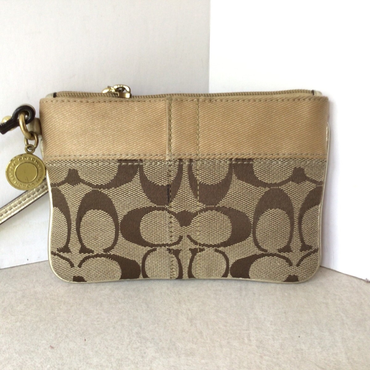 COACH Legacy Signature Tan Stripe Brown Wristlet Pouch Bag Wallet 