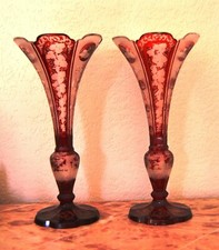 Antique Bohemian ruby red engraved art glass vases - Very rare & unique pair