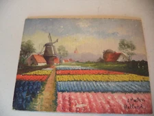 Antique Dutch Landscape Tulips Windmill Painting on Board Signed A Martens!2