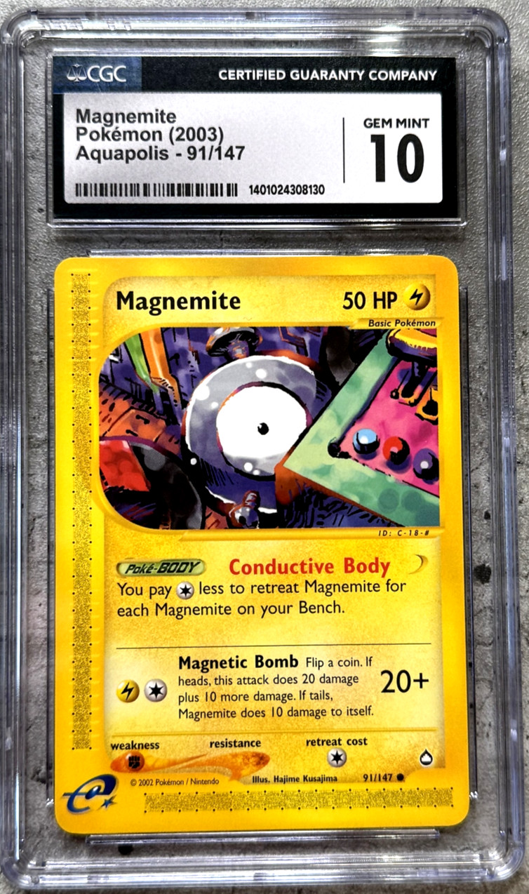 Pokémon Card Magnemite CGC 10 Gem Mint, Aquapolis 91/147, WOTC 2003
