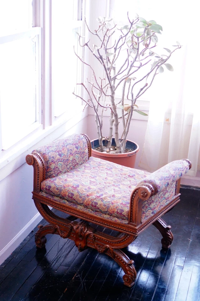 Silla antigua victoriana bordada del siglo XIX sofá asiento banco Foto 3 de 4