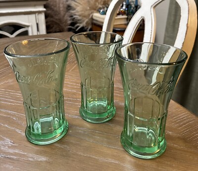 3 Vintage Libbey Coca Cola Glasses Green Flared Heavy circa 1990 16 Oz