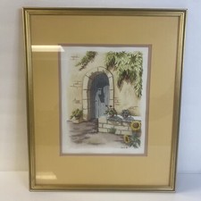 Doorway With Flowers Still Life Water Color Painting Framed Art Piece