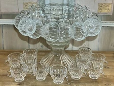 Vintage Anchor Hocking Colonial Punch Bowl and Stand and 23 Cups