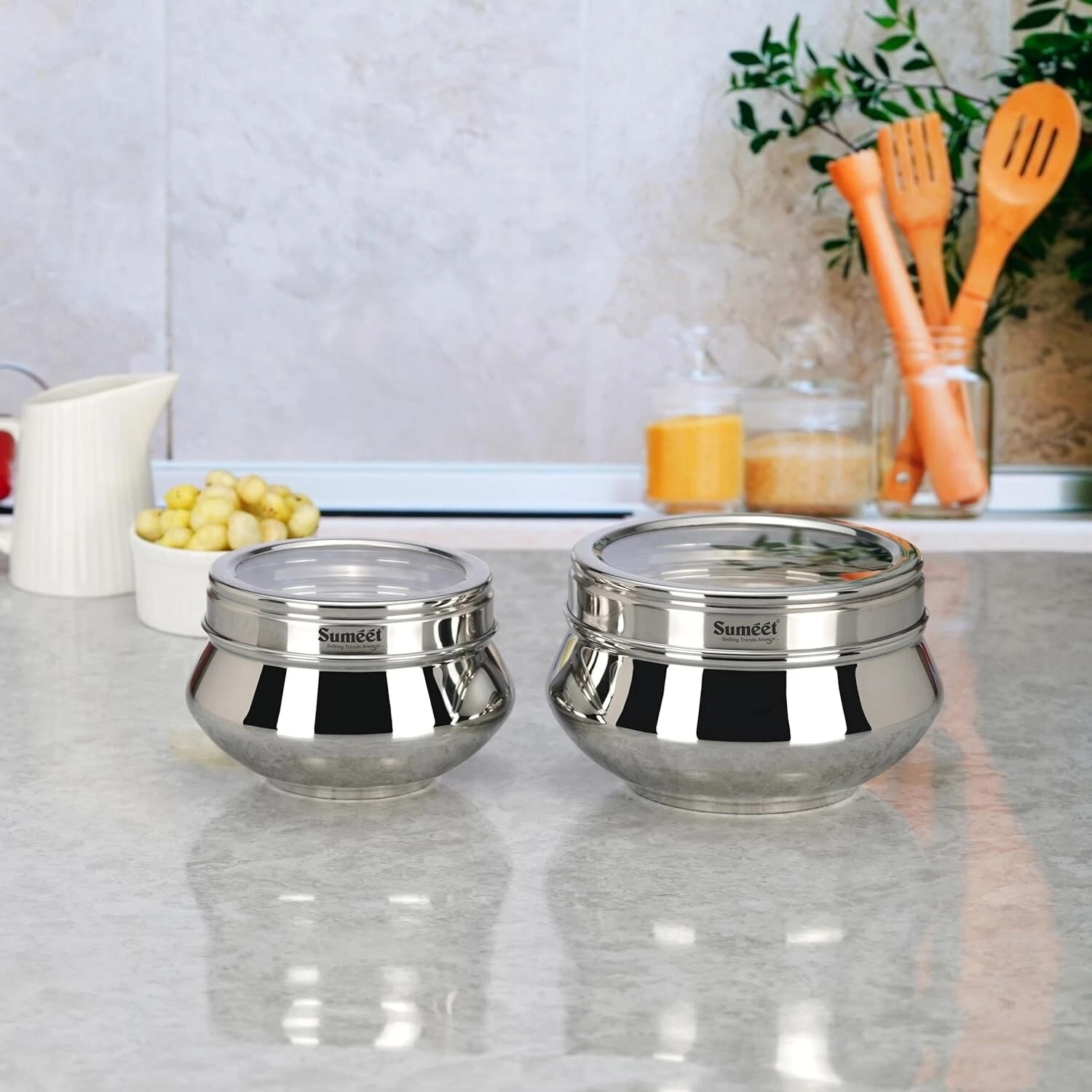 Stainless Steel Handi Shape Canisters/Dabba/Storage Containers Set of 2