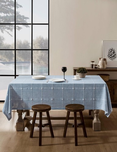 Grid Embroidered Hemmed Tablecloths, Blue 60x120 Inch, Farmhouse Style Heavy ... - Picture 3 of 7