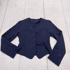 Pinstripe Suit Blazer Jacket Womens Small Blue Cropped Four Button Work Office
