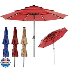 OLIXIS 10ft 3-Tier Solar Patio Umbrella, 32 LED Lights Patio Table Umbrellas 