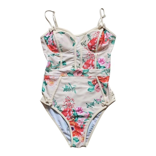 Badeanzug Einteiler Retro Style Creme & Blumen Korsettschnitt Größe XL