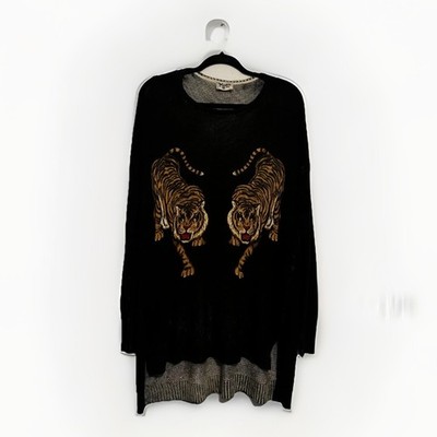 Show Me Your Mumu Sweater Womens Small Black Tiger Graphic Sheer Open Knit Tunic