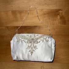 White Satin Purse With Bead Accents, Pearl Button, And Delicate Bead Strap