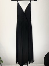 Azazie Gracie Black A-Line V Neck Pleated Chiffon Formal Dress Bridesmaid Sz A2