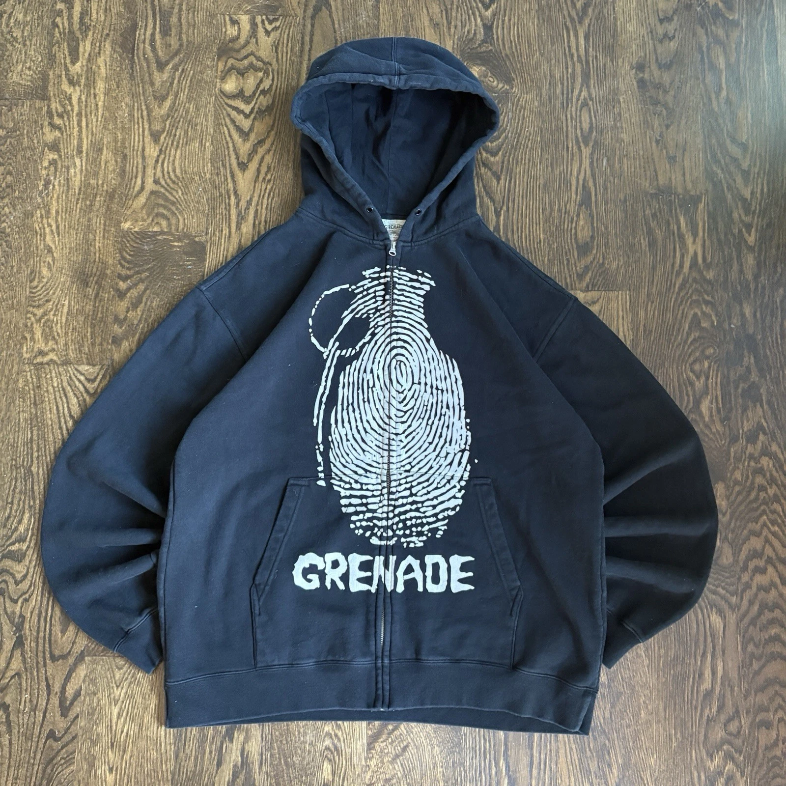 VTG 00s Grenade Gloves Zip Up Hoodie XL Black Y2K Skate Snow Fingerprint Grunge