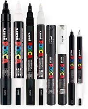 Set of 8 Black White Fine to Medium PC-5M PC-3M PC-1M PC-1MR Paint Pens