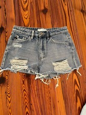 Women s Gray Distressed Denim Cut Off Shorts, Button Flat Front 5-Pocket
