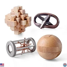 4-Piece Wooden & Metal Brain Teaser Puzzles - 3D Interlock Toys for All Ages