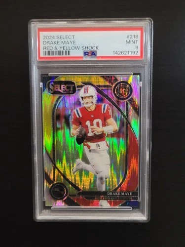 2024 Panini Select Club Level #218 Drake Maye Red & Yellow Shock Prizm RC PSA 9