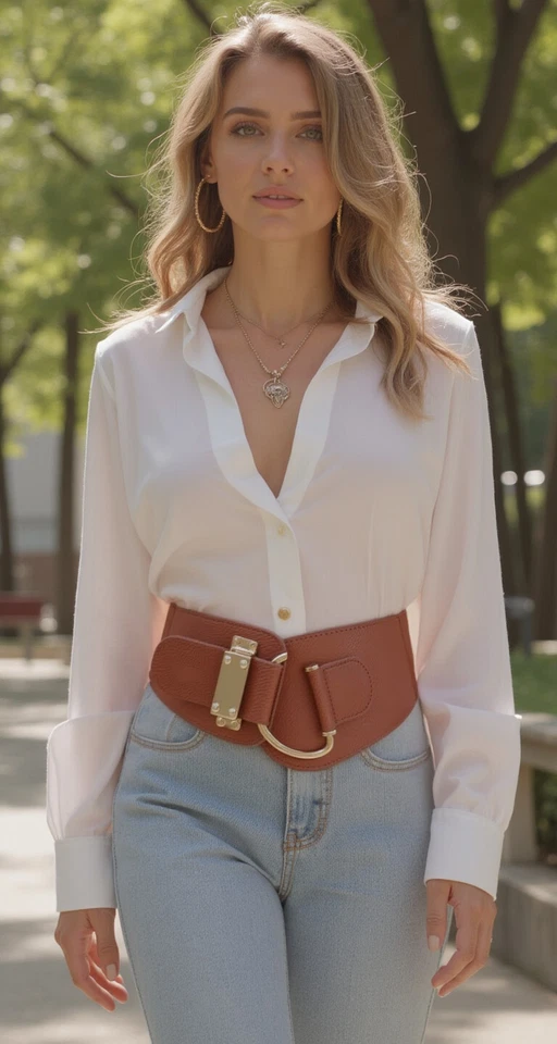 Женщин коричневый модный ремень эластичная лента золотой крюк пряжка регулируемый ремень подходит L XL - Изображение 3 из 4