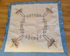 Vintage Linen Embroidery Baskets Flowers Tablecloth Topper 41" Square