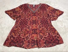 Catherines Top Womens 3XL Beaded Smocked Geometric Orange V Neck Blouse