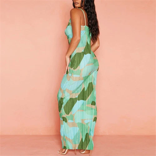 Cowl Neck Plisse Maxi Dress Sleeveless Printed Tank Dress Summer Beach Dresses - Bild 11 von 39