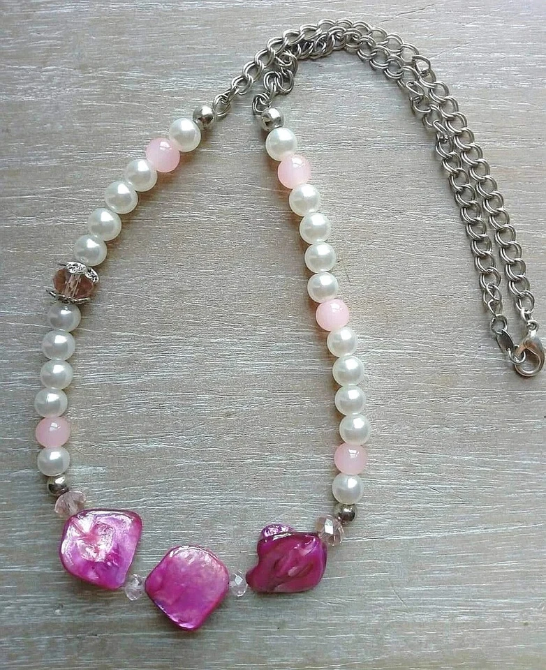 Collana di Perle Bianche, Giada Rosa, Madreperla e Argento 925 con Orecchini - Immagine 4 di 4