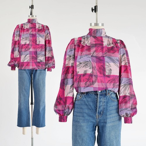 Vintage 80s Abstract Leaf Print Plaid Blouse Tie Neck Back Puff Sleeve XS S