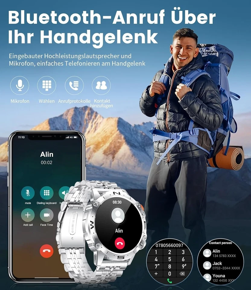 Smartwatch Herren Telefonfunktion Armbanduhr Watch für Samsung iPhone Huawei Tab - Bild 2 von 4