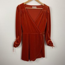 Urban Outfitters Velvet Romper Dress Rust Orange Long Sleeve Drawstring Womens M