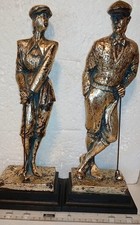 2 Vintage Men & Women Golfers Sculpture/Statue Heavy Resin Shinny Gold Finish.