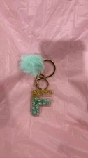 Modern Expressions Monogram F Keychain Teal Gold Pom Pom Tassel