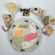 Miniature Tea Set Sewing Theme 1996 Popular Imports Resin 10pcs Vintage Decor