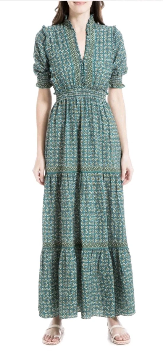 max studio maxi dress green MAX STUDIO Women's Print Smocked Puff Sleeve Maxi Dress - Green