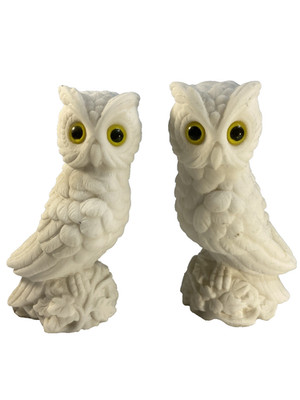 Vtg 70s Alabaster Owl Bookend Set Carved Figurine Italy White Yellow Eye Leaf