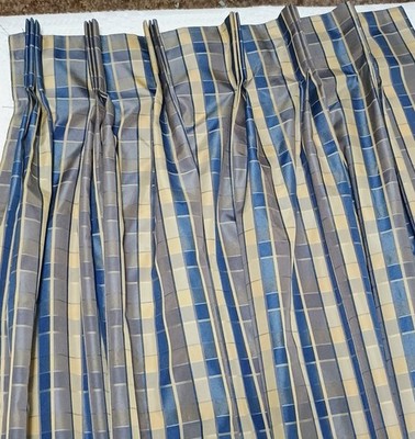 2PC Vintage Plaid Drapes Pinch Pleated Panels Curtains Custom Made Polyester