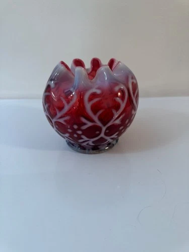 Fenton Cranberry Opalescent Hot Metal Sample Spanish Lace Rose Bowl Vintage P119