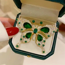 2PCS Elegant Vintage Green Butterfly Brooch Pin - Rhinestone Accessory for Women