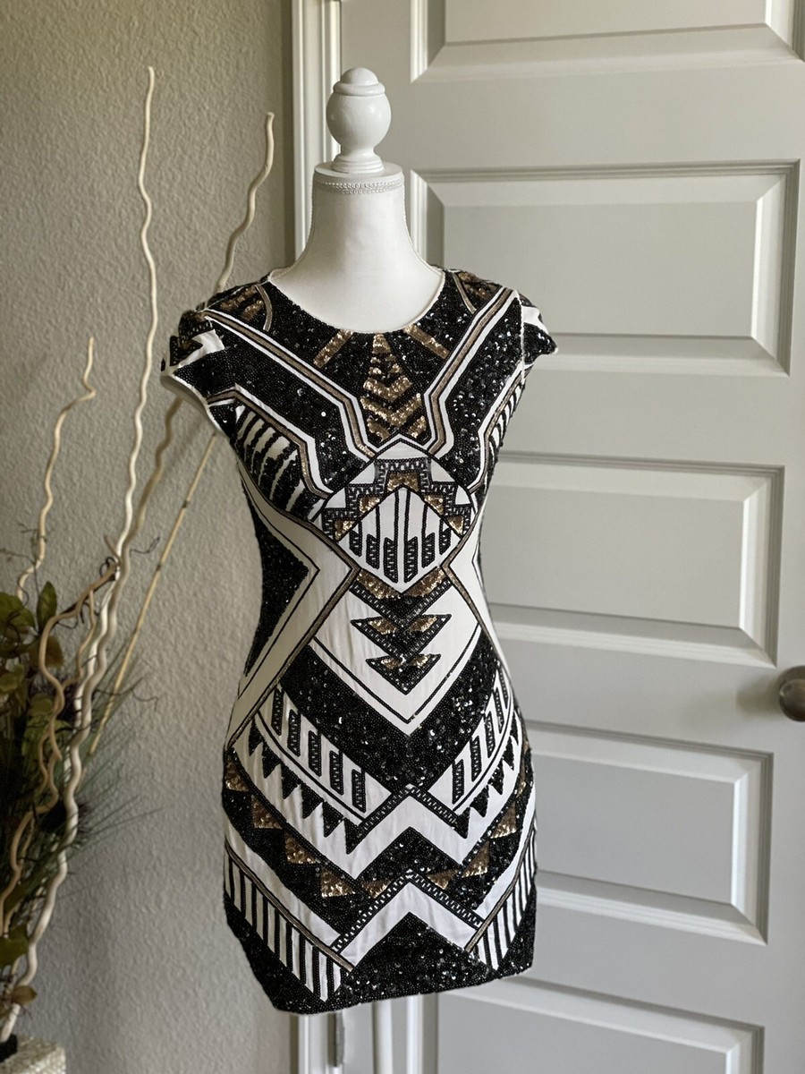 black and gold express dress Black and Gold Sequin Evening Dress with V-neck and Sweep/Brush Train Black and Gold / S