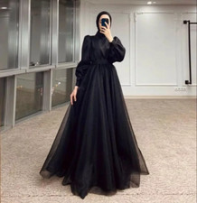 Muslim Black Wedding Dresses High Neck Long Sleeves A-Line Satin Bridal Gowns