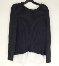  190 Neiman Marcus Womens Black Rib Knit Long Sleeve Back Tie Sweater Size Large