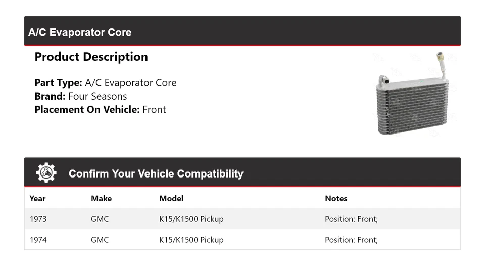 Núcleo evaporador delantero 4 estaciones para camioneta GMC K15/K1500 1973-1974 Foto 2 de 4