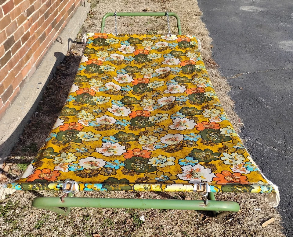 60s Free Standing Hammock Orange Floral Green Metal Frame Flower Power Algoma - Image 2 of 4
