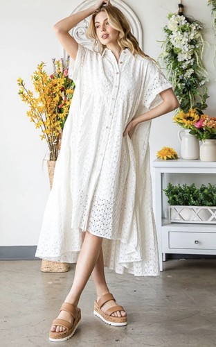 New OLI + HALI Camilla Midi Dress White Eyelet Cotton Tiered Oversized Sz L NWT - Picture 1 of 12