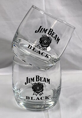 2 New Etched Jim Beam Black Bourbon Whiskey glasses black logo 8 oz