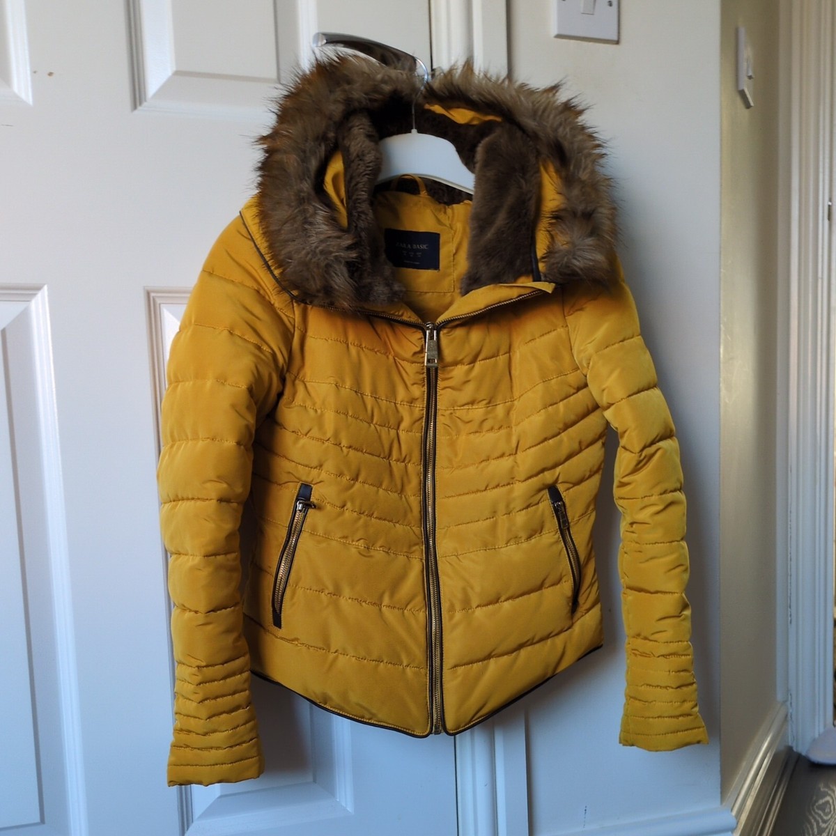 Zara Basic Full Zip Faux Fur Hooded Leather Trim Puffer Jacket M