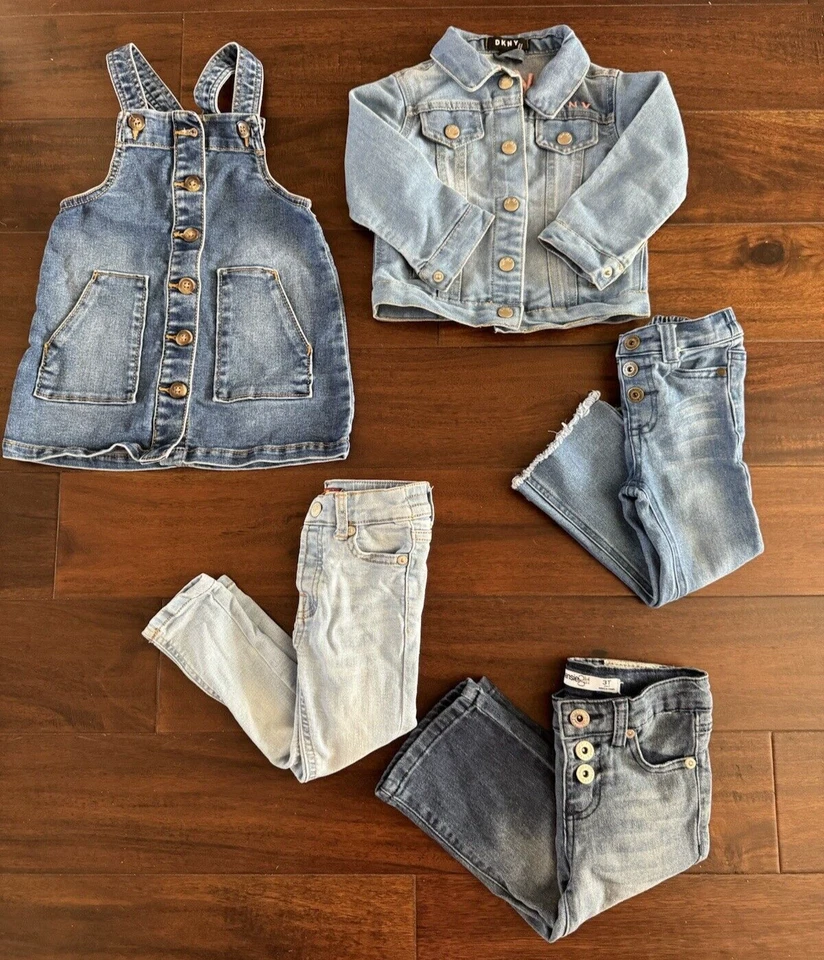 Girls toddler 3t Denim Bundle 3 jeans  jacket dress DKNY 7mankind J simpsom - Image 2 of 4